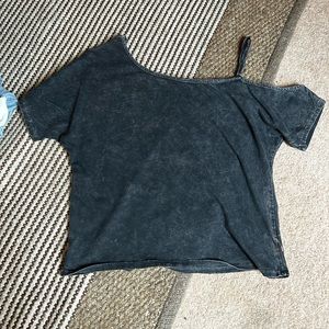 Gray, off the shoulder shirt